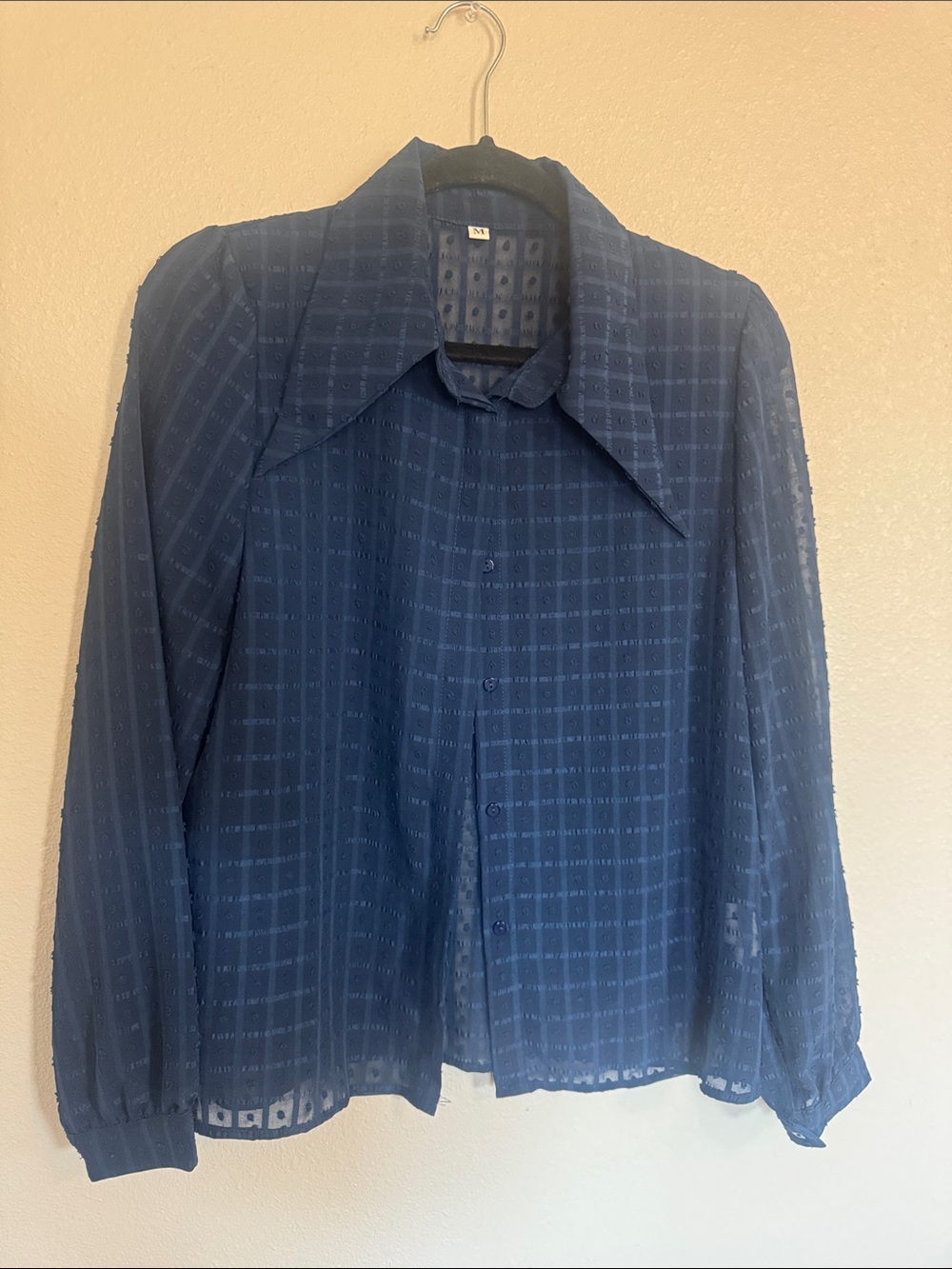 Vintage-Inspired Navy Sheer Button-Up Shirt